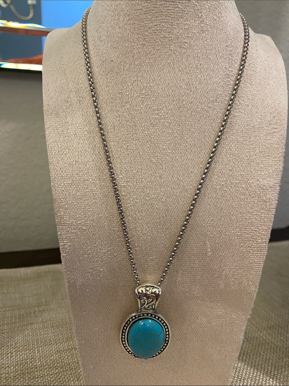 Silver Pendant Necklace with Faux Turquoise Stone
